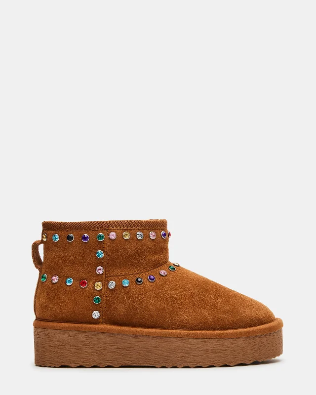 Women's trendy platform loafers-COMFY CHESTNUT SUEDE RHINESTONES