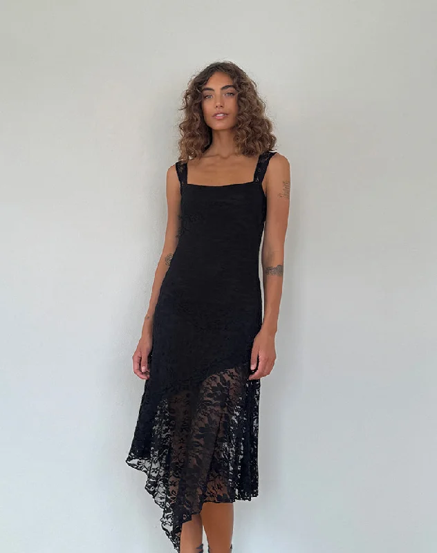 Striped cocktail dress-Adeliza Asymmetric Midi Dress in Floral Lace Jet Black