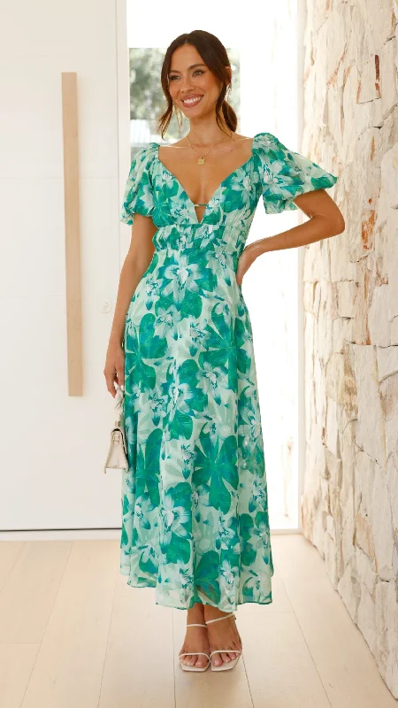 Smocked party dress-Adeliza Maxi Dress - Green Floral