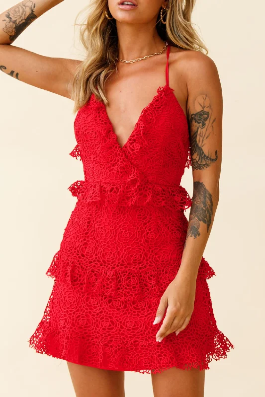 Red sundress-Airlie Halterneck Open Back Lace Dress Red