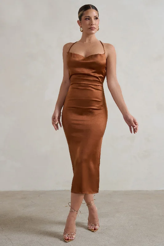 Lace cocktail dress-Aja | Copper Cowl Cami Midi Dress With Waist Tie