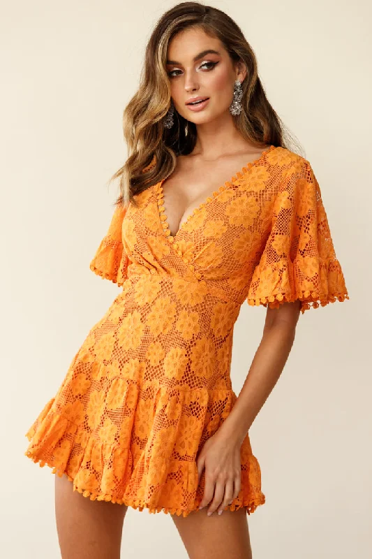 Striped party dress-Alaia Short Fluted Sleeve Crochet Lace Dress Sunset