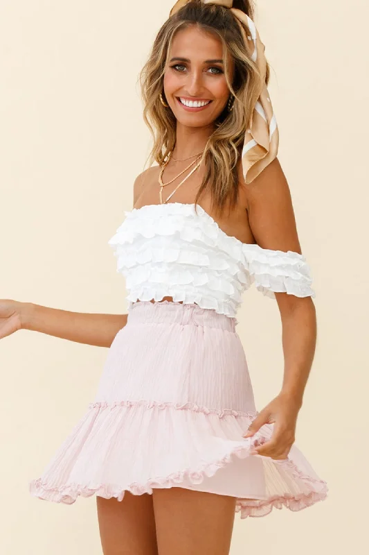 Short sleeve cocktail dress-Alexi Mini Skirt Frill Trim Crepe Texture Baby Pink