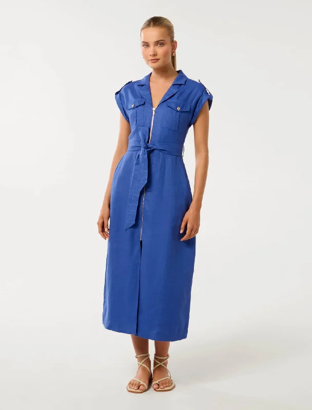 Satin party dress-Alison Linen Front Pocket Zip Utility Midi Dress