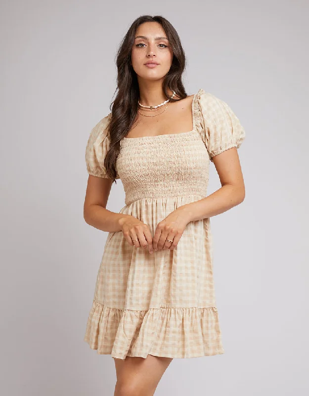 Ruched party dress-All About Eve Georgette Shirred Dress Oat