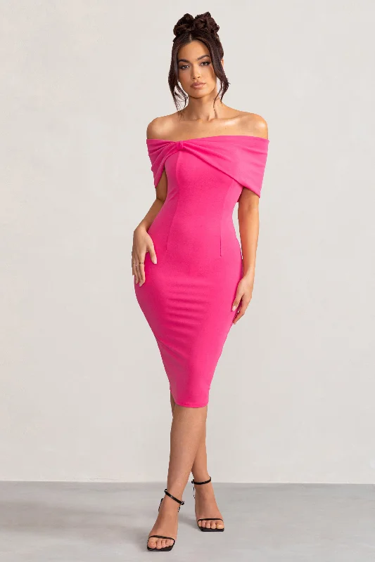 Tiered party dress-Alyssa | Hot Pink Bardot Bow Detail Midi Dress