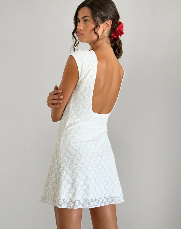 Off-shoulder satin dress-Ambu Mini Dress in Floral Lace Ivory