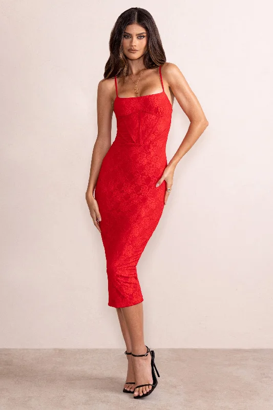 Off-shoulder party dress-Anele | Red Lace Overlay Corset Midi Dress