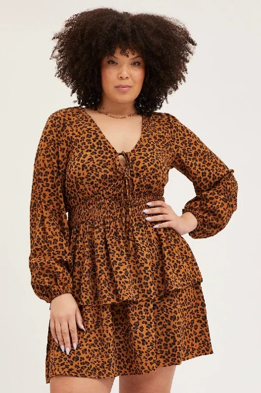 Short sleeve party dress-Animal Print Skater Dress V-neck Long Sleeve