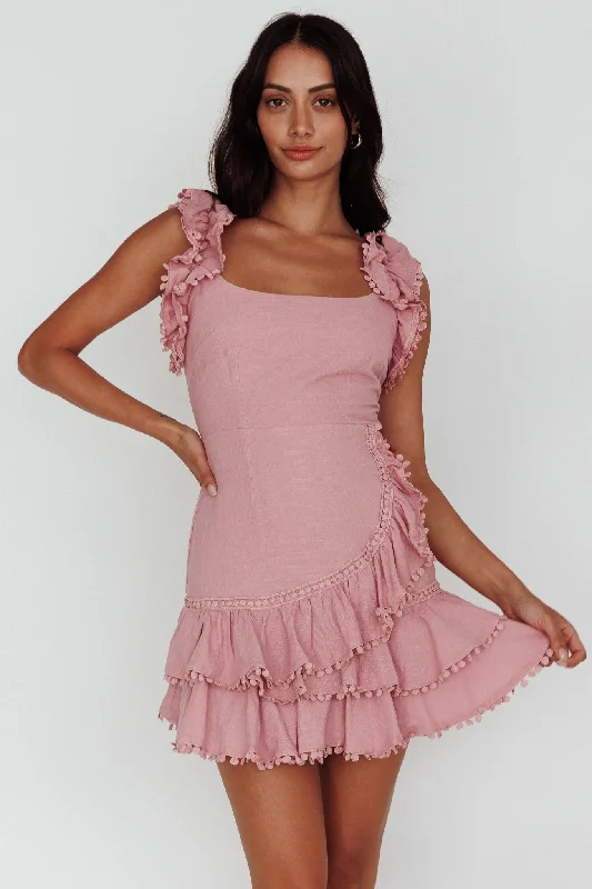 One-shoulder cocktail dress-Annie Ruffle Shoulder Strap Dress Dusty Pink