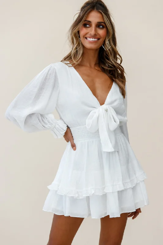 Corset party dress-Anthea Bow-Tie Front Layered Frill Dress White