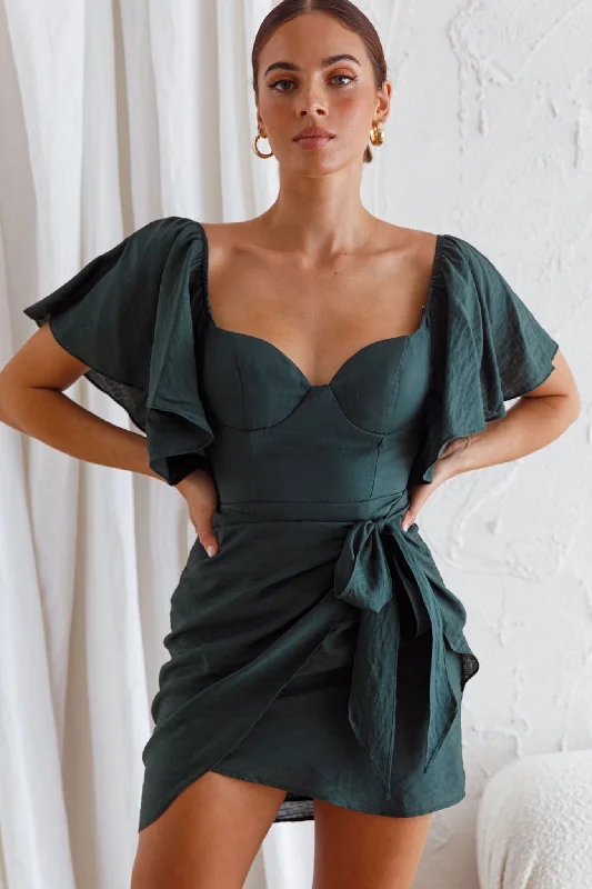 Off-shoulder cocktail dress-Aphrodite Molded Bust Angel Sleeve Wrap Dress Forest Green