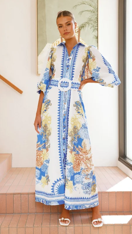 Long sleeve cocktail dress-Arana Maxi Dress - Blue/White Print