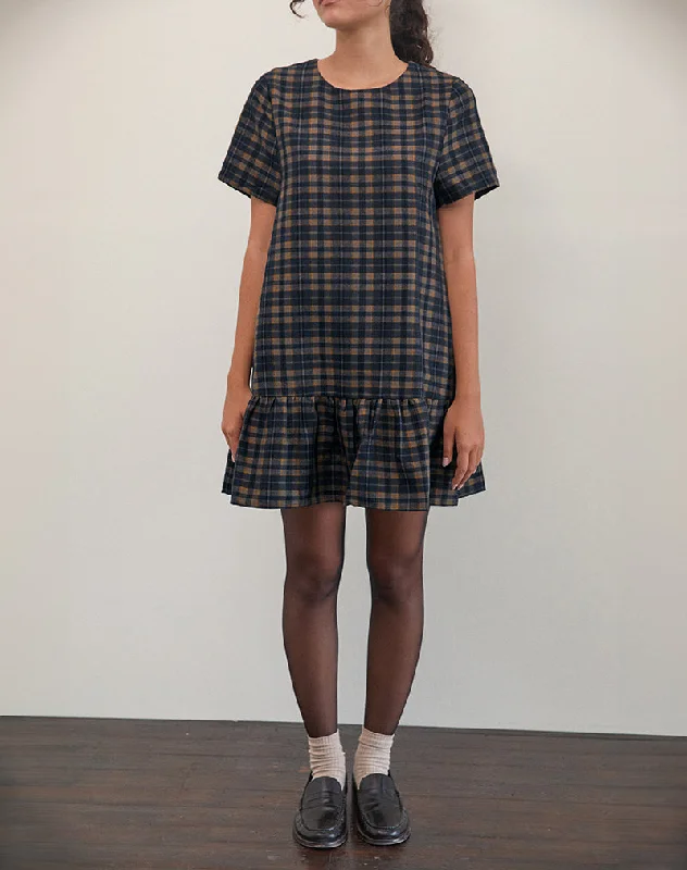 Tiered party dress-Asterin Mini Smock Dress in Navy Mustard Check