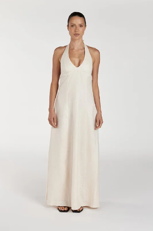 Floral cocktail dress-AUDREY CREAM HALTER LINEN DRESS