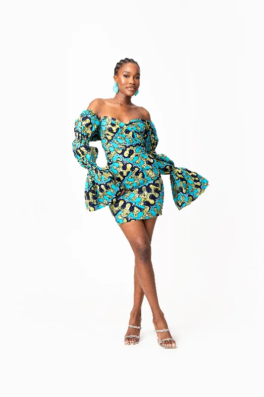 Belted summer dress-BADE African Print Off-shoulder Puffy Sleeve Mini Dress