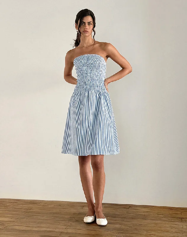 Fringe sundress-Belesi Midi Dress in Blue Small Vertical Stripe