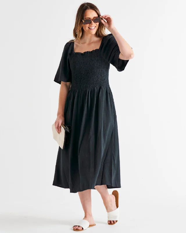 Long sleeve velvet dress-Betty Basics Ingrid Dress Coal