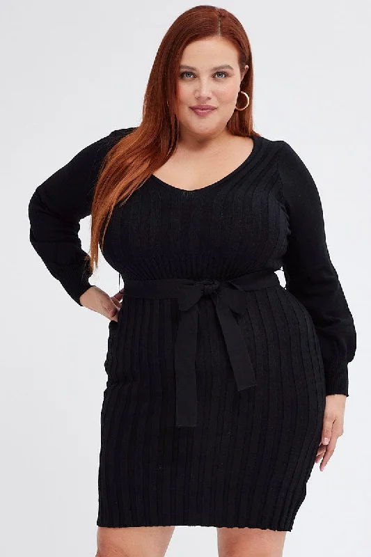 Corset cocktail dress-Black Knit Dress Long Sleeve Wide Rib Belted