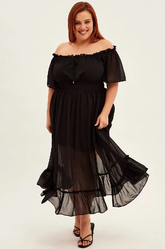 Ruched cocktail dress-Black Maxi Dress Off Shoulder Chiffon