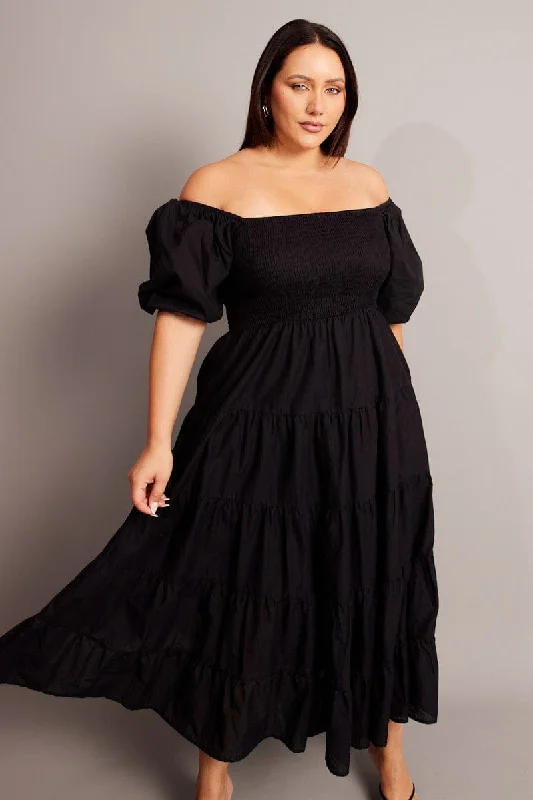 Long sleeve party dress-Black Maxi Dress Short Sleeve Tiered Tie Back