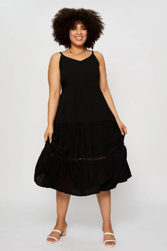 Stacked tiered dress-Black Maxi Dress V-neck Sleeveless Tie