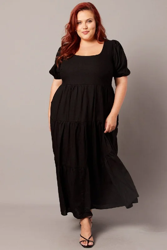 One-shoulder party dress-Black Scoop Neck Linen Maxidress With Pockets