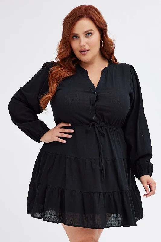 Ruched party dress-Black Shirt Dress Long Sleeve V-neck Tiered