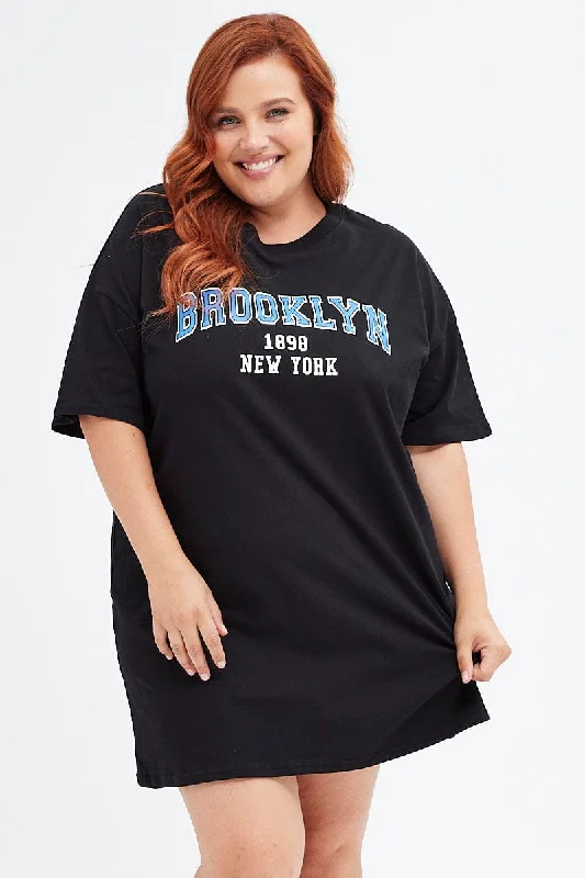 Off-shoulder satin dress-Black T-shirt Dress Short Sleeve Brooklyn Logo Cotton