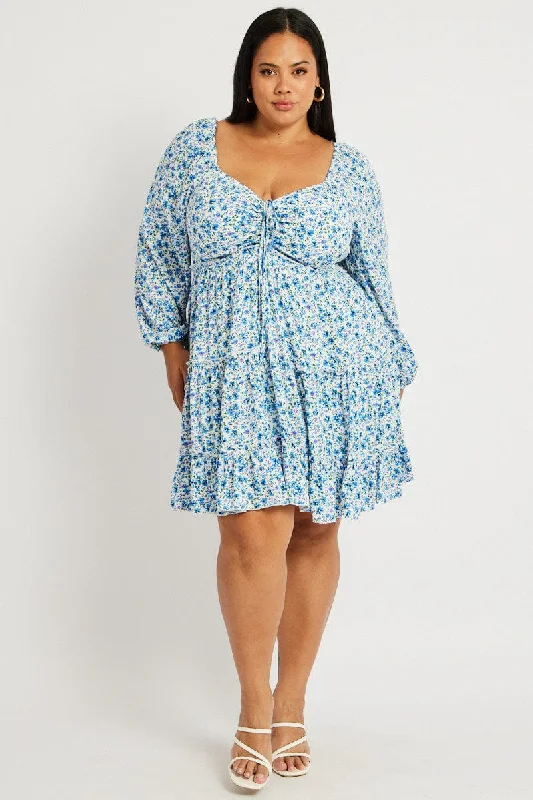 Tiered cocktail dress-Blue Ditsy Long Sleeve Tie Front Ditsy Dress