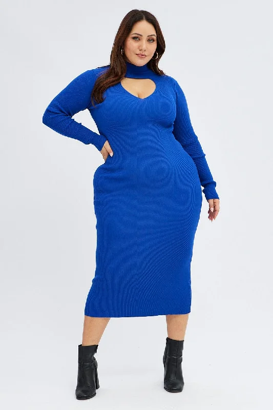 Short sleeve sundress-Blue Knit Dress Long Sleeve High Neck Cut Out