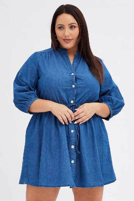 Off-shoulder party dress-Blue Shirt Dress Denim Look Puff Sleeve