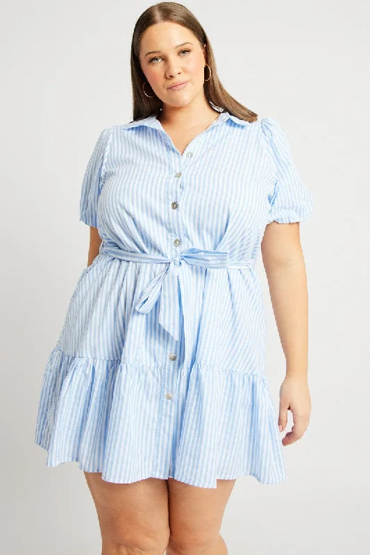 A-line cocktail dress-Blue Stripe Shirt Dress