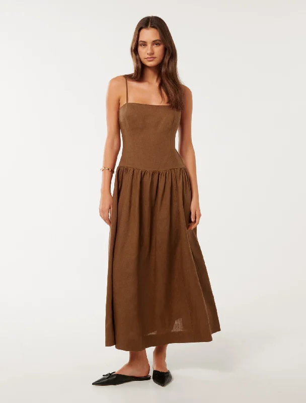 One-shoulder party dress-Brooke Linen Drop Waist Midi Dress