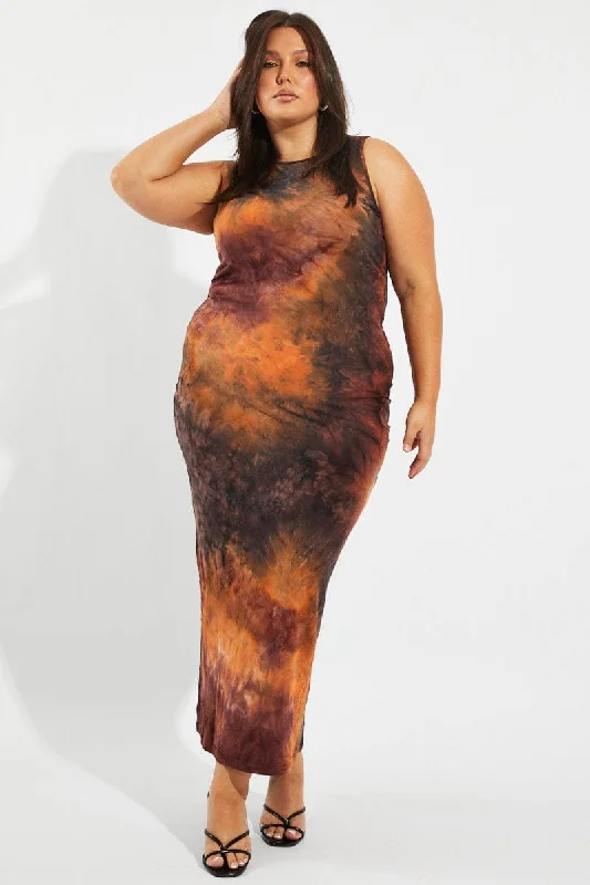 Corset party dress-Brown Abstract Maxi Dress Sleeveless Jersey