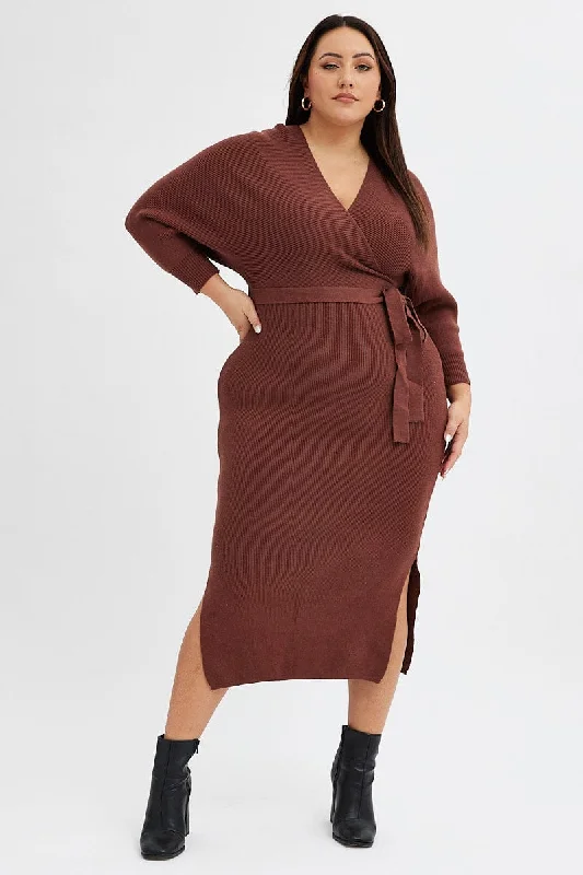 Lace cocktail dress-Brown Knit Dress Long Sleeve Rib Cross Front