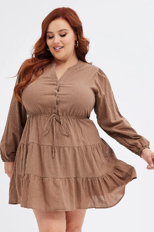 Ruched sundress-Brown Shirt Dress Long Sleeve V-neck Tiered