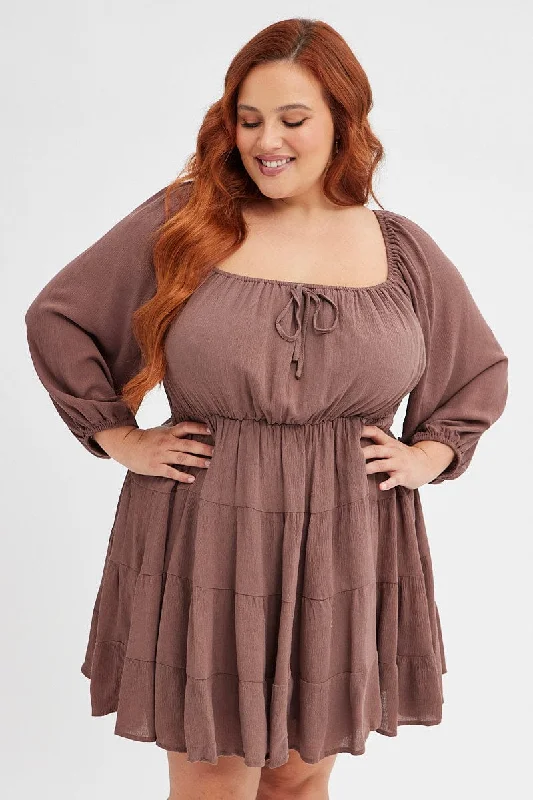 Lace sundress-Brown Skater Dress Plain Crinkle Long Sleeve