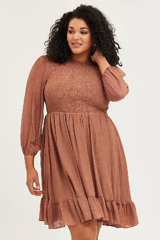 Lace party dress-Brown Skater Dress Round Neck Long Sleeve Shirred