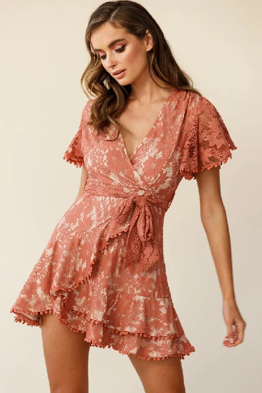 Casual chambray dress-Cami Angel Sleeve Faux Wrap Dress Lace Rose