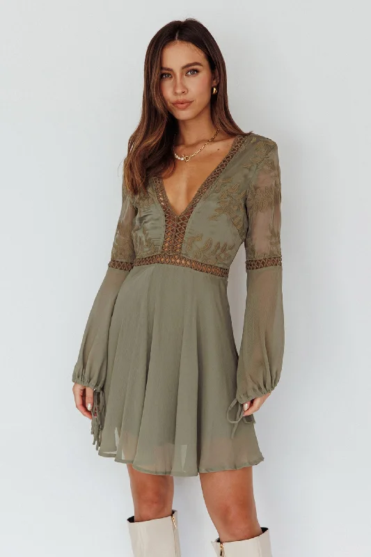 Short sleeve skater dress-Carson Crochet Details Dress Olive