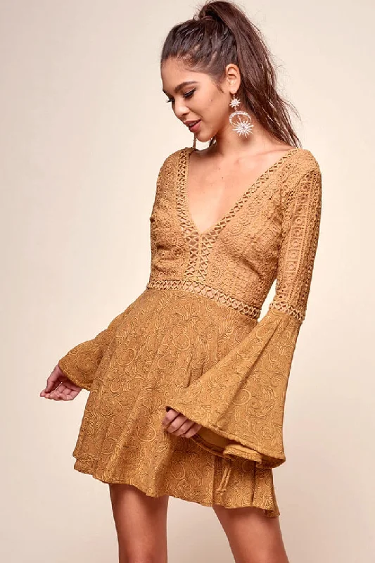 Satin cocktail dress-Carson Crochet Bell Sleeve Dress Tan