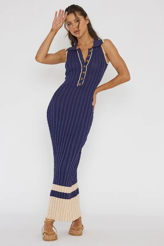 Lace-edged maxi dress-Cayla Button-Up Ribbed Knit Dress Navy