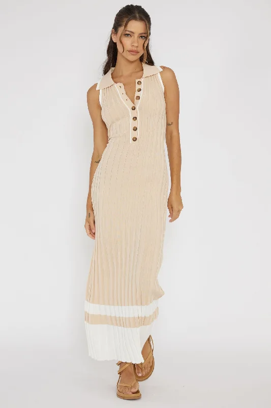 Halter neck party dress-Cayla Button-Up Ribbed Knit Dress Sand