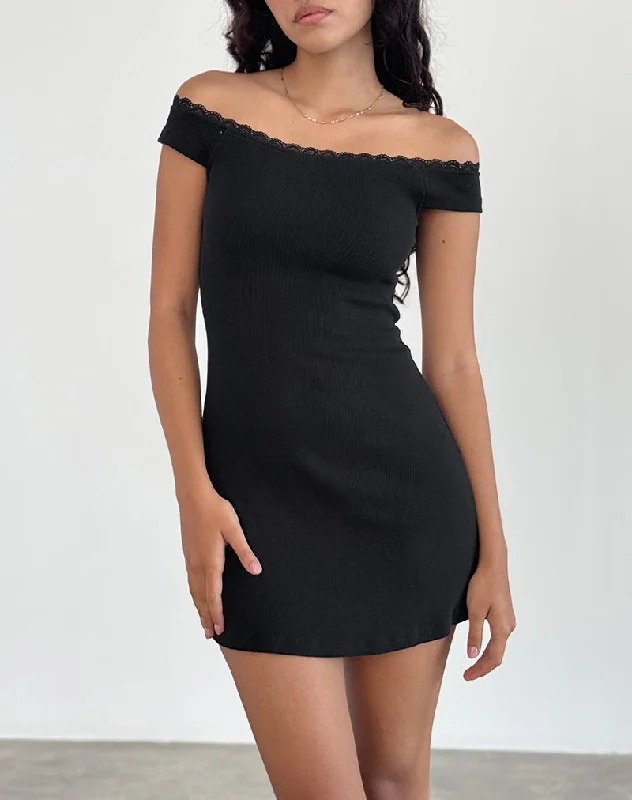 Corset party dress-Chana Off Shoulder Mini Dress in Black Rib with Lace Trim