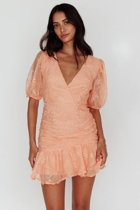 Off-shoulder cocktail dress-Cherry Blossom Puff Sleeve Wide Ruffle Hem Dress Orange