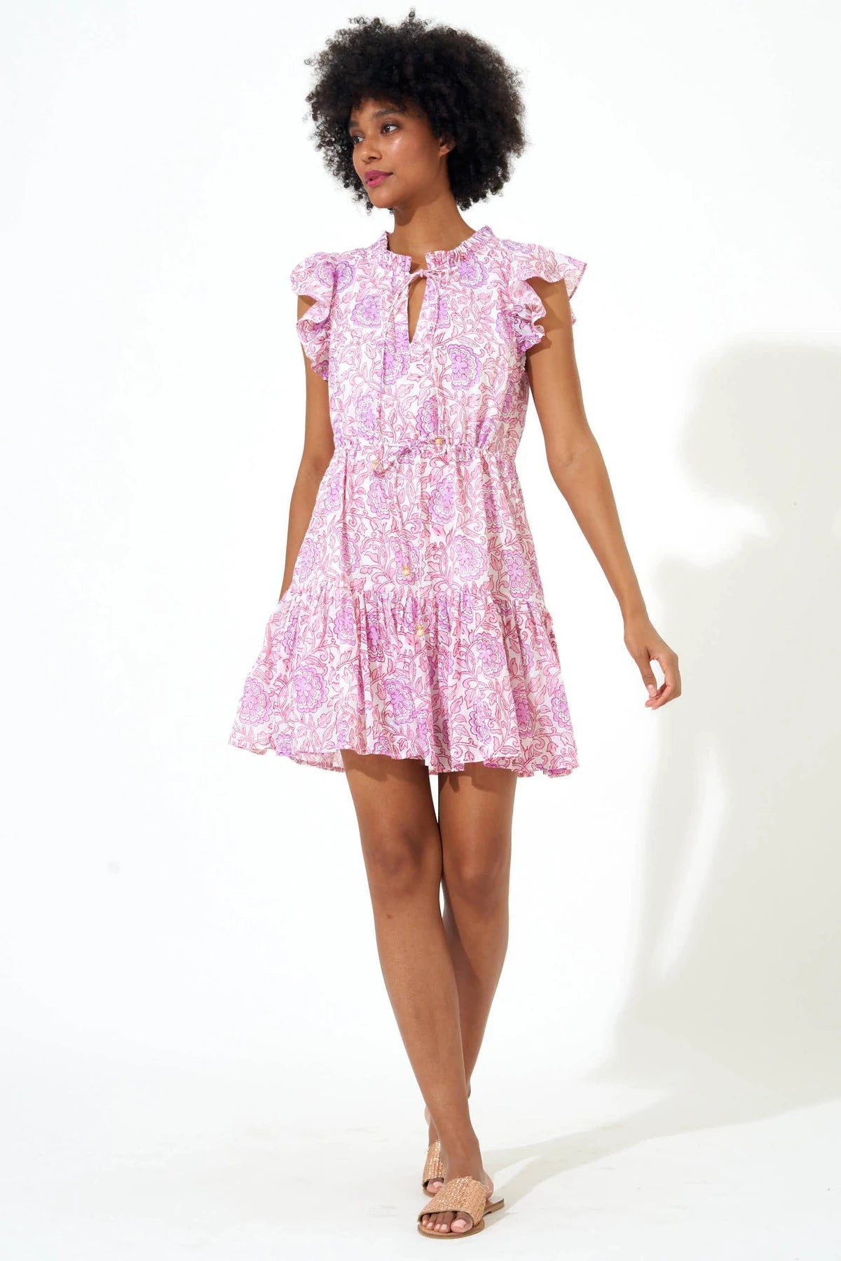 Ruched cocktail dress-Cinched Flirty Dress - Malta Pink