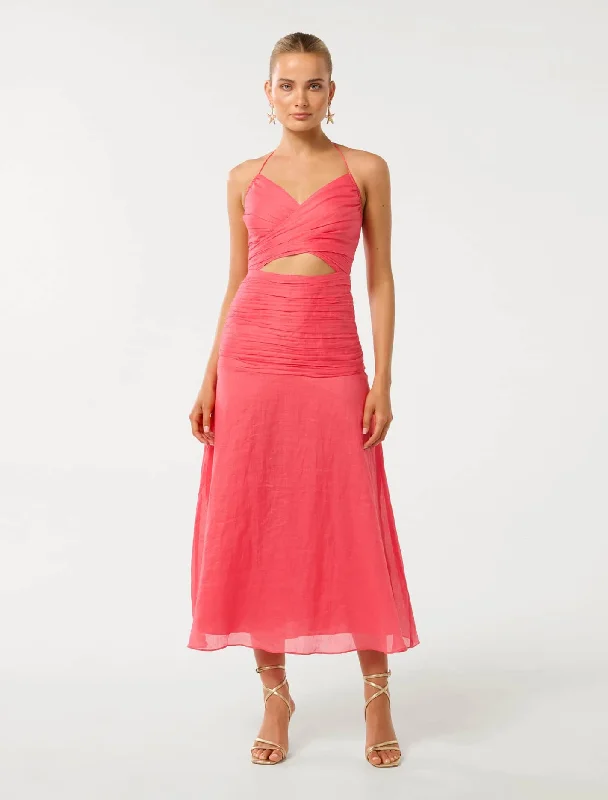 Satin cocktail dress-Clarissa Gathered Halter Midi Dress