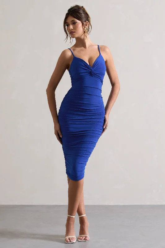 Ruffled cocktail dress-Desired | Royal Blue Knot Detail Ruched Midi Dress