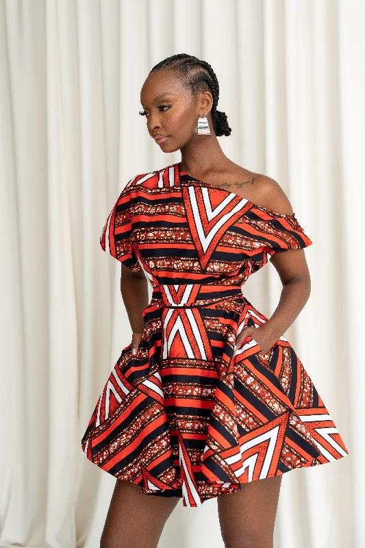 Tiered party dress-JUNO African Print One-shoulder Mini Dress